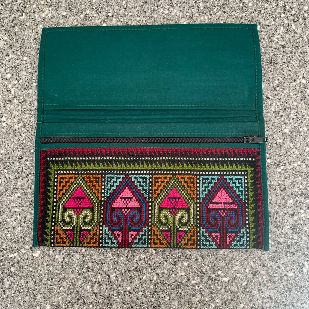 Embroidered Green and Multicolor Checkbook Cover
